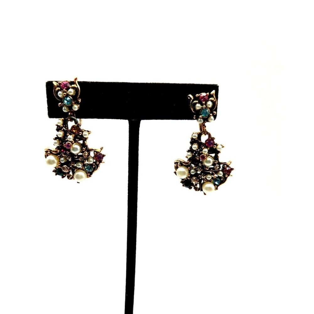 Hollycraft 50s multi color rhinestone  faux pearl earrings screw backs unsigned